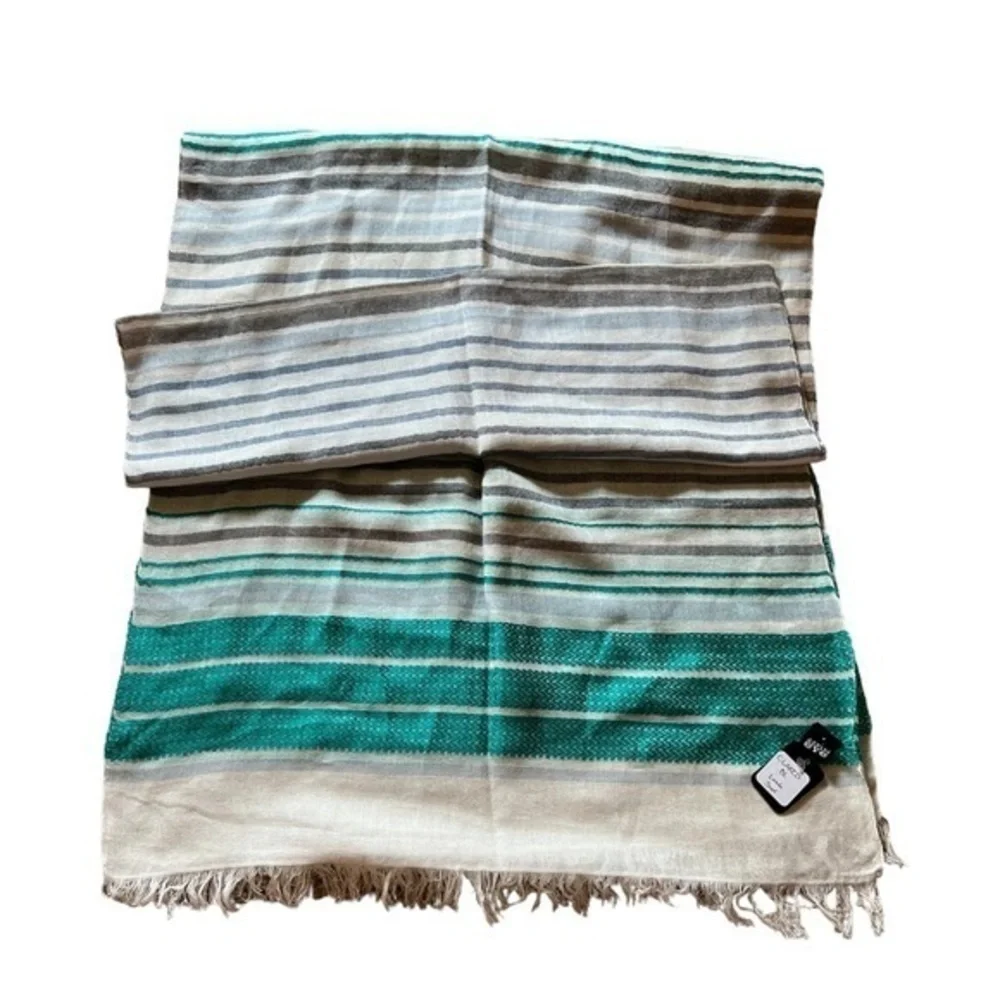 NWT Asian Eye “Laredo” Light Cotton Striped Scarf, Aqua white Blue Gray